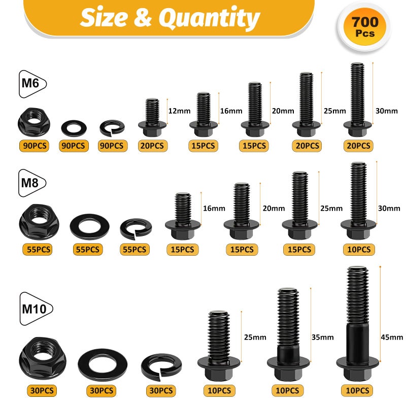 Kadrick Metric Flange Bolt Assortment Kit,700Pcs M6 M8 M10 Bolt Kit,M6-1.0 M8-1.25 M10-1.25 (12mm to 45mm) Hex Bolts Nuts and Washers Kit,Black Zinc Plated - Image 2